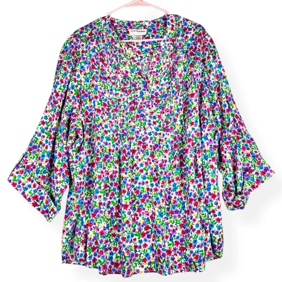 CD Daniels Top Womens Plus 2X Colorful Floral V-Neck 3/4 Sleeves Rayon Pintuck - Picture 1 of 6